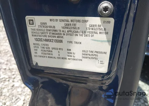 1999 Chevrolet Silverado C1500 из США, поврежденный, VIN 1GCEC14W6XZ135006